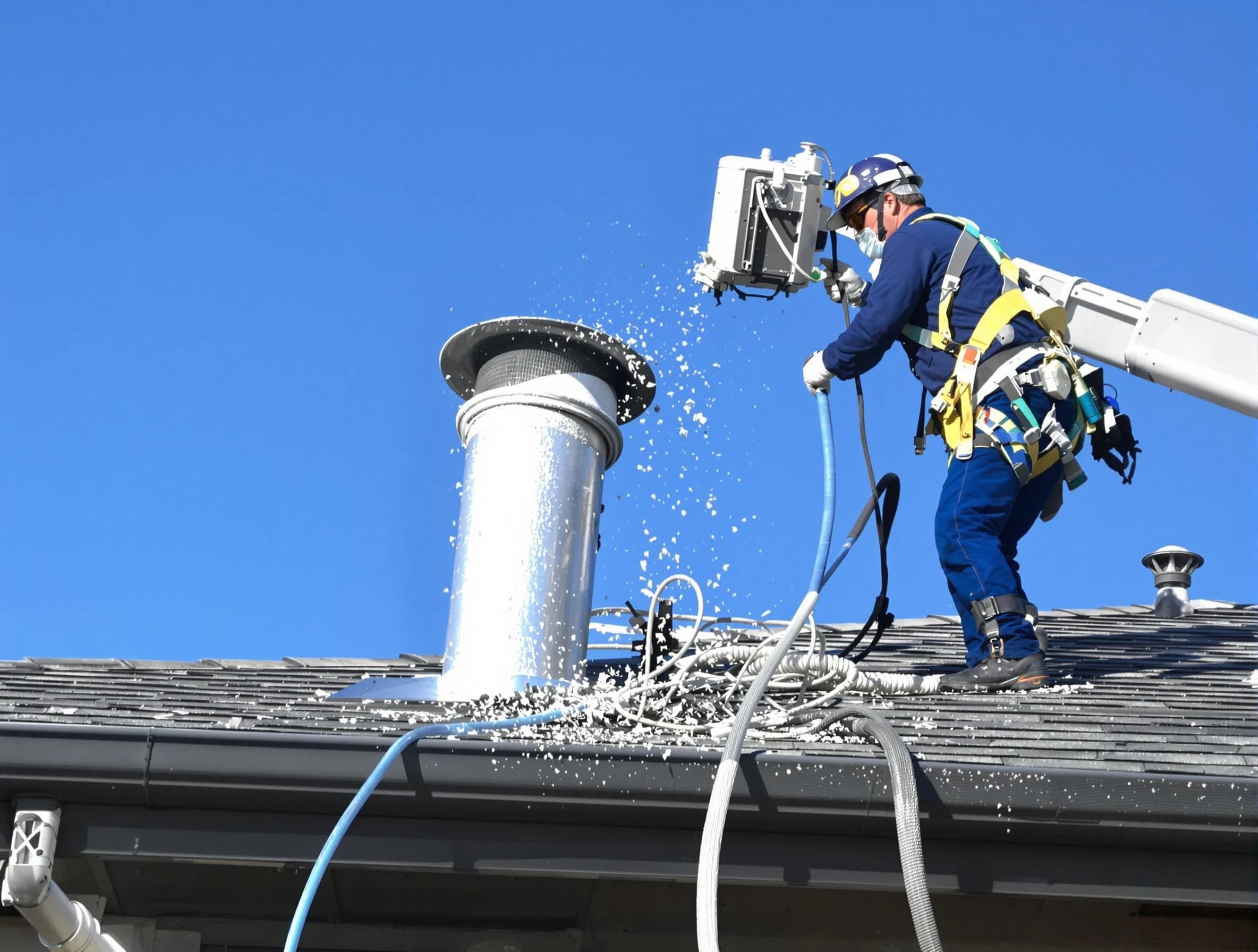 Paradise Hills Dryer Vent Cleaning certified technician safely cleaning a roof-mounted dryer vent in Paradise Hills