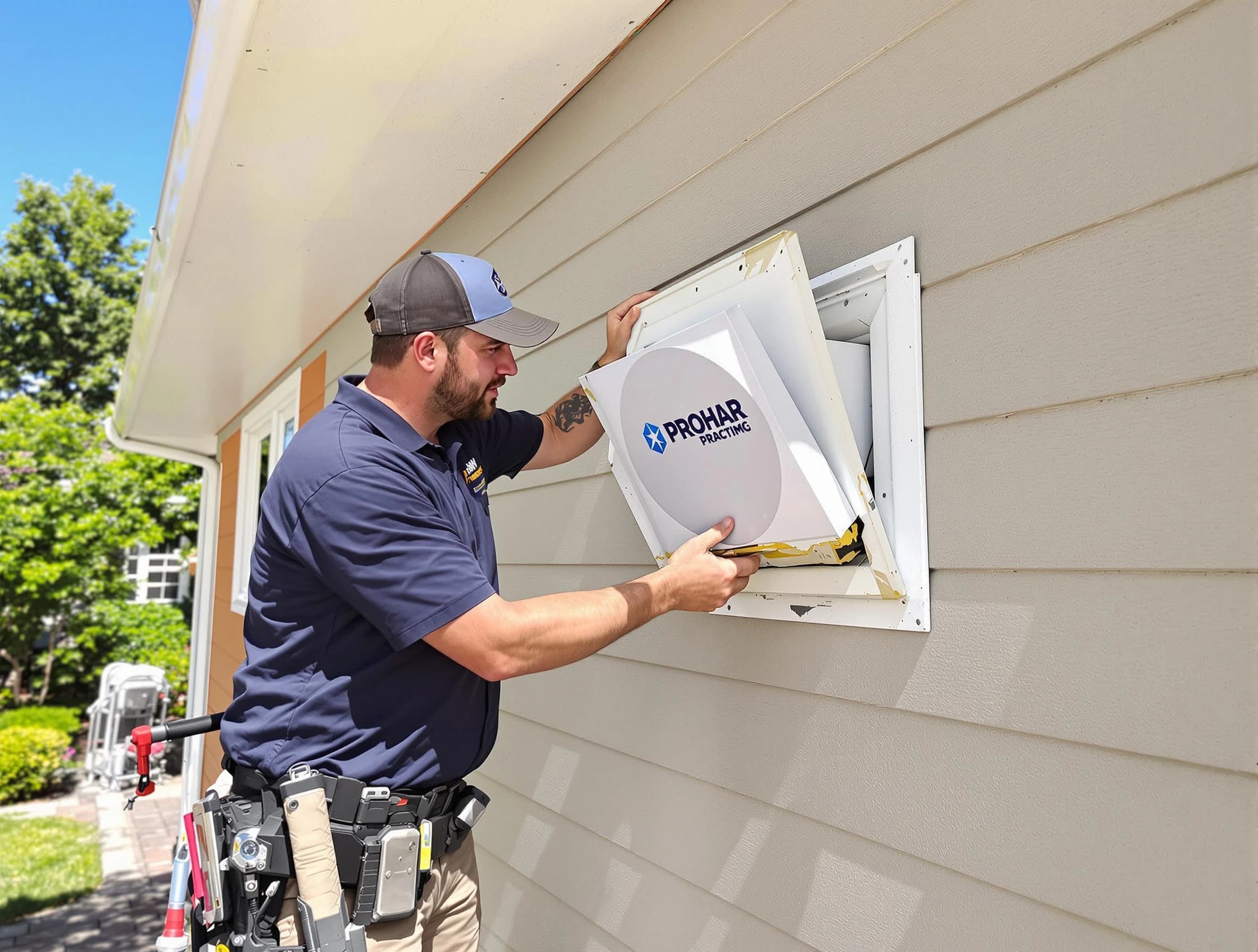 Paradise Hills Dryer Vent Cleaning technician installing a new protective dryer vent cover on a home in Paradise Hills